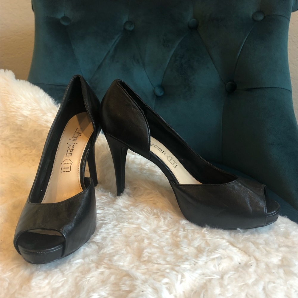 Black Leather Cut Out Peep Toe Pumps